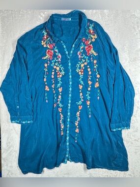 Johnny Was Embroidered Floral Buttoned Front Collared Teal Blue Tunic Size 3X